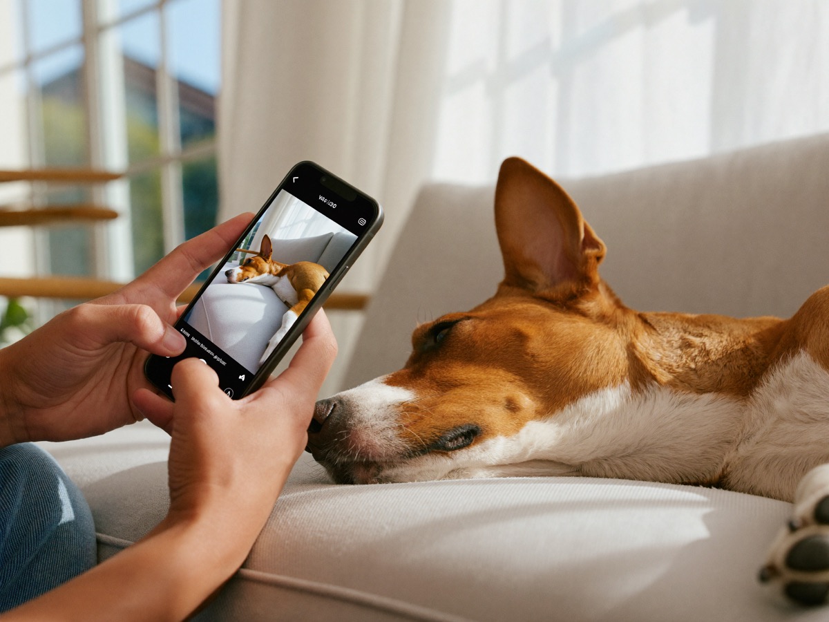 An owner photographing their dog with a phone
